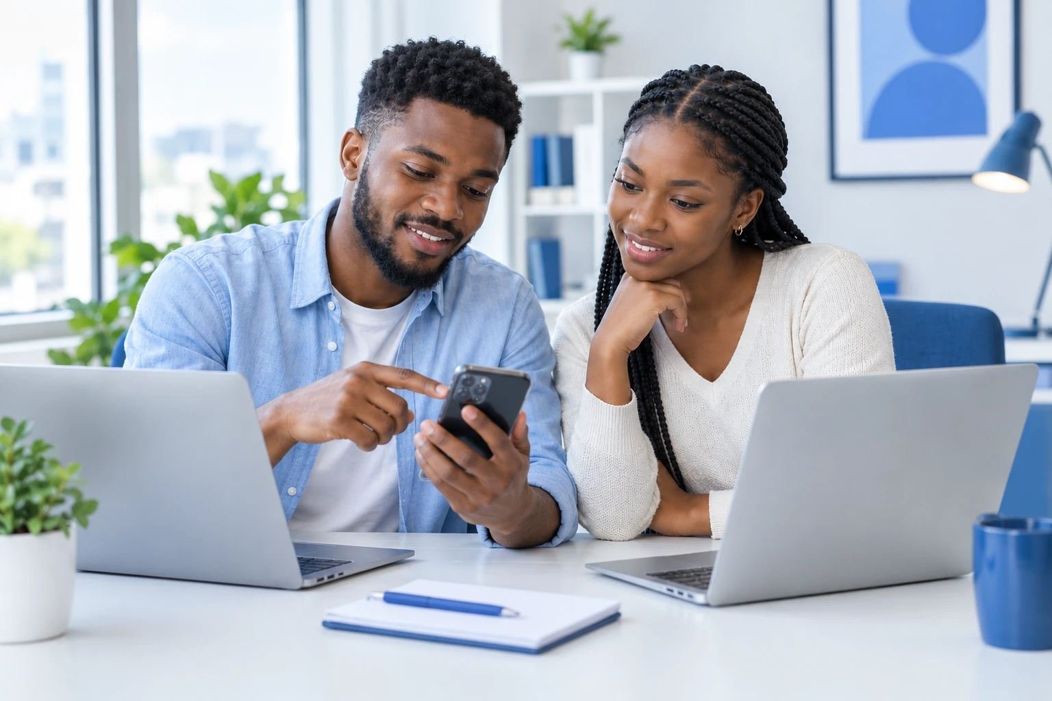 Two colleagues collaborating on a mobile app, pointing at a phone screen together