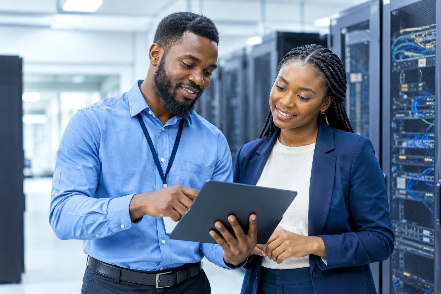 IT consultants reviewing a network on a tablet in a server room
