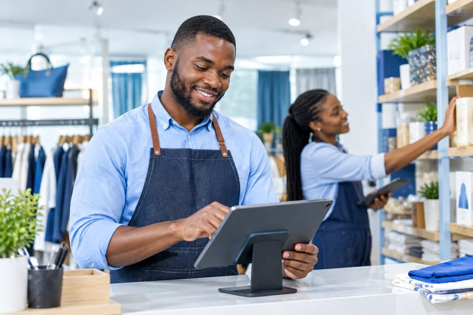 A shop team member using a point-of-sale tablet at the counter while a colleague restocks shelves
