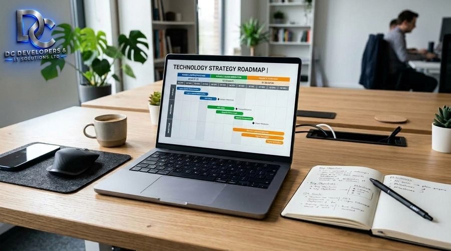 IT Consulting - technology strategy roadmap on a laptop
