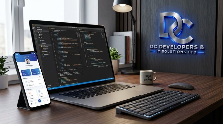 Web and App Development - code editor and mobile app on a desk