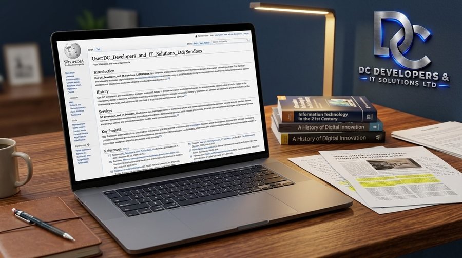 Wikipedia Page Creation and Editing - article draft on a laptop